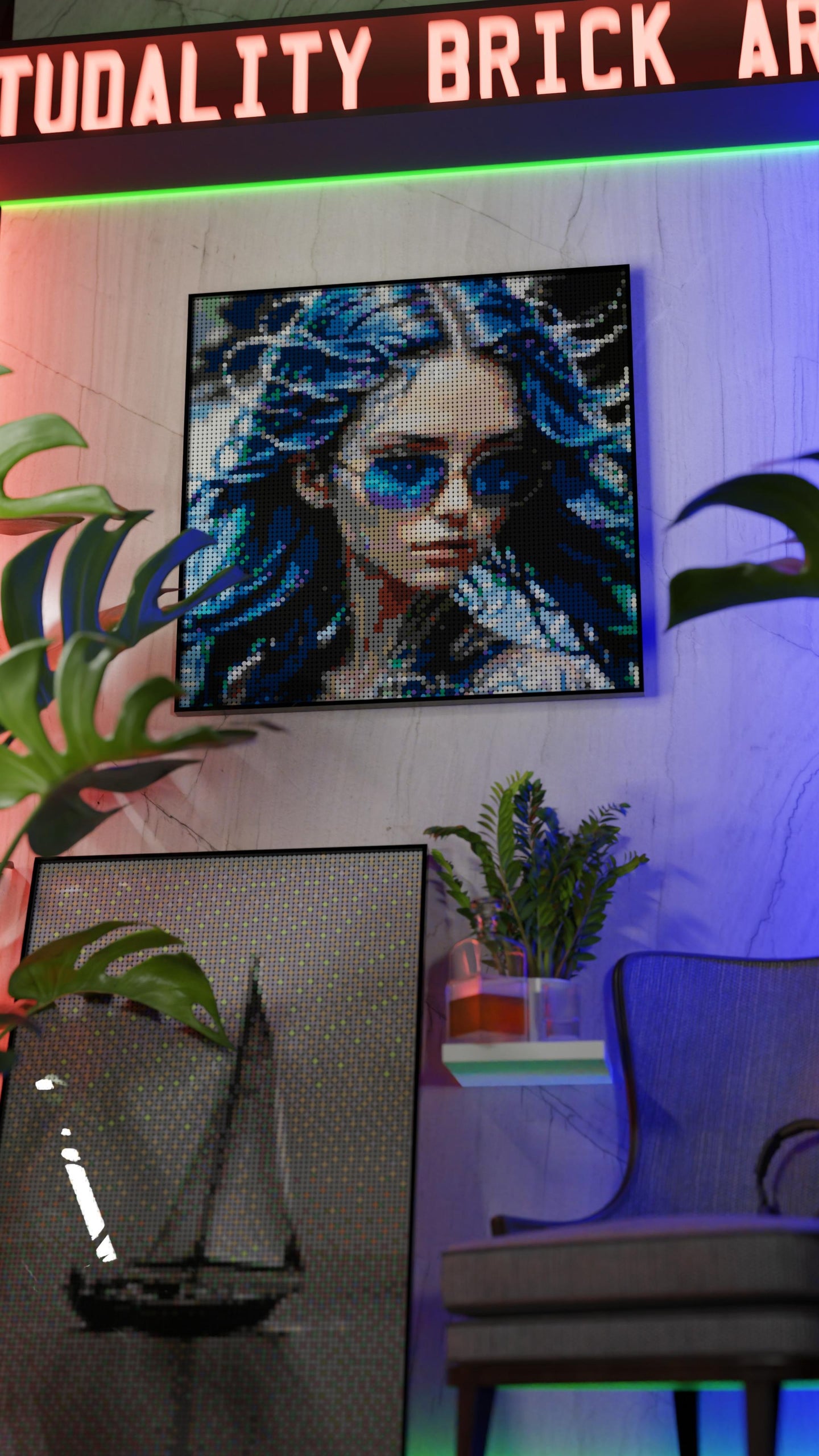 Aqua Enchantress LEGO® Style mosaic wall art made from colorful plastic bricks